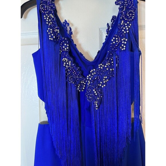 Odrella Royal Blue Event Gown Tassel  Mesh Cut out Beaded Design Size 6 - Picture 10 of 16